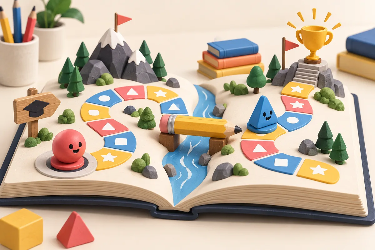 An open book becomes a classroom game quest, with answer tiles, a pencil bridge, and a trophy.