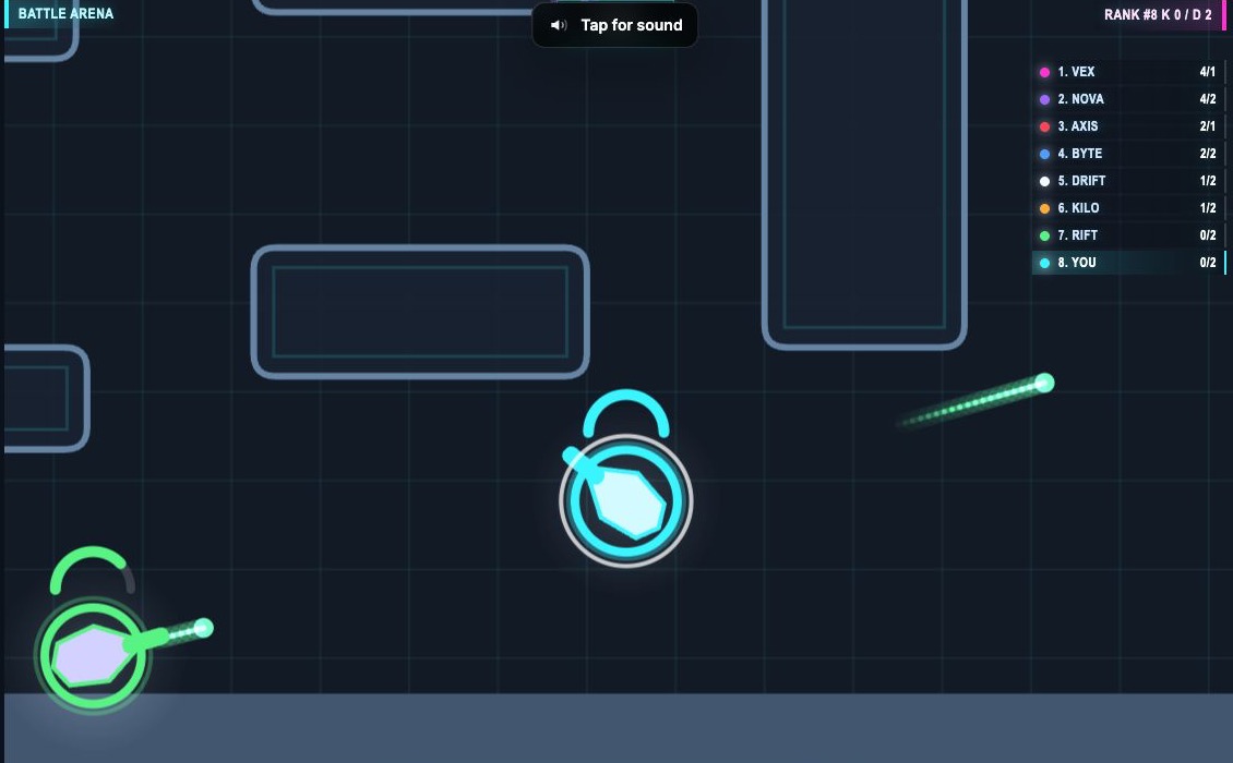 Live Instaplay Battle Arena gameplay with multiple players, projectiles, match time, ranking, and per-player scores