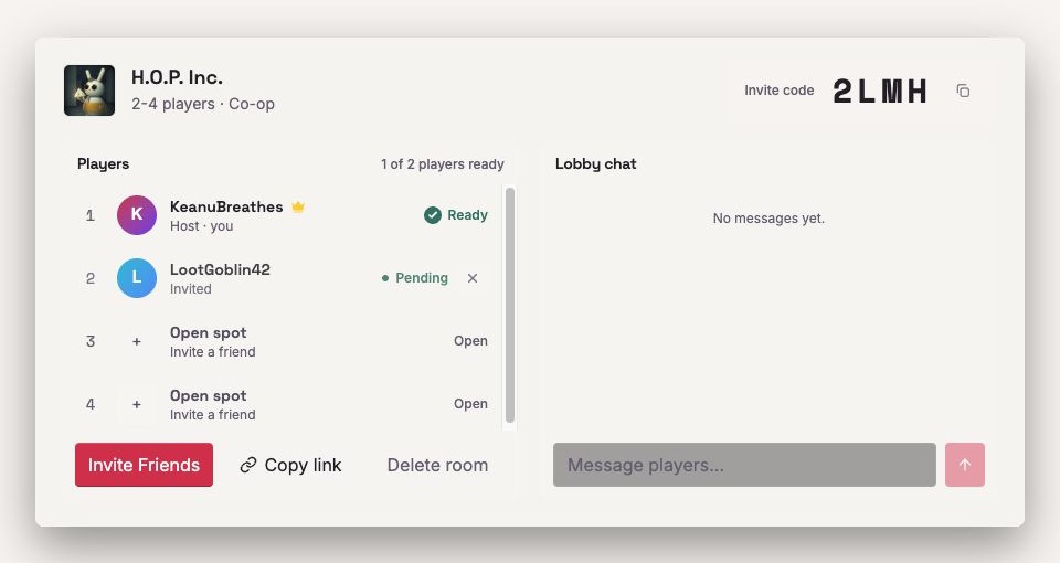 Real Instaplay multiplayer lobby with an invite code, player roster, open seats, invitation controls, and lobby chat